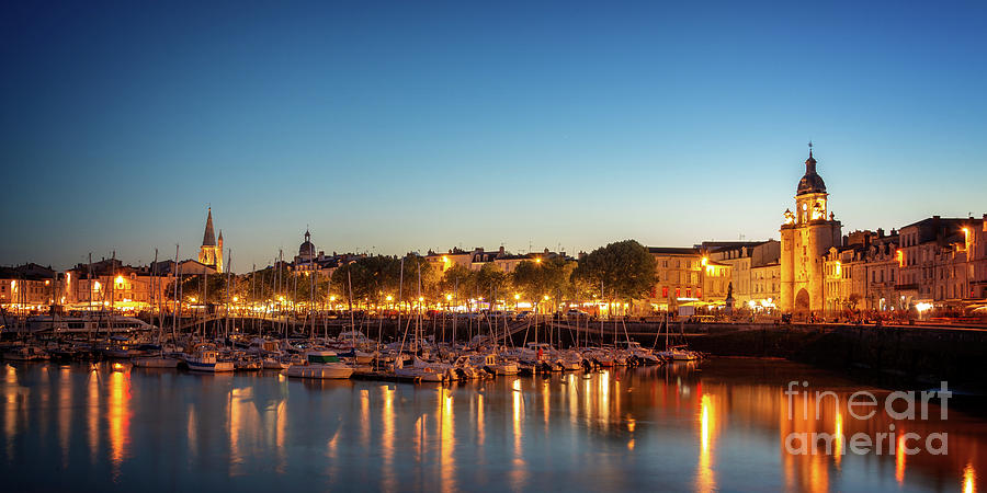 Boat Photograph - Panorama of La Rochelle at night  by Delphimages Photo Creations