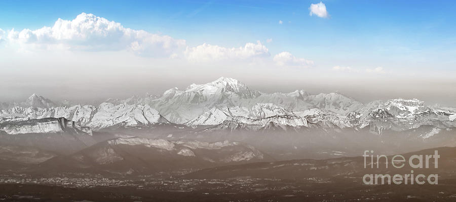 Panorama of Mont blanc mountain in Alps chain with fog Photograph by Gregory DUBUS