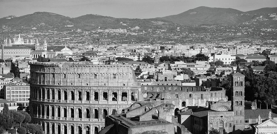Panorama of Rome Featuring the Colosseum Black and White Photograph by Shawn OBrien