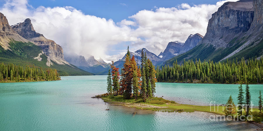 Panorama of Spirit island in Maligne lake Photograph by Delphimages Photo Creations