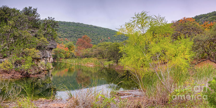Panorama of the Pond at Can Creek - Lost Maples State Natural Area - Vanderpool Texas Hill Country Photograph by Silvio Ligutti