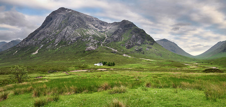 Panorama of white cottage on River Coupall valley with Stob Dhea Photograph by Reimar Gaertner
