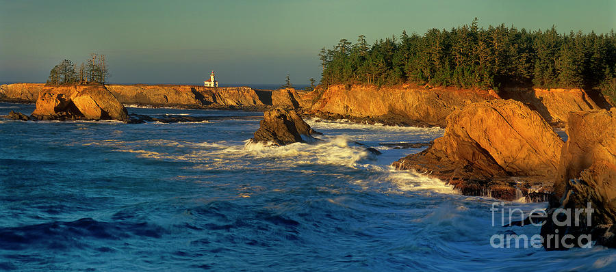 Panoramic Cape Arago Lighthouose Central Oregon Coast Photograph by Dave Welling