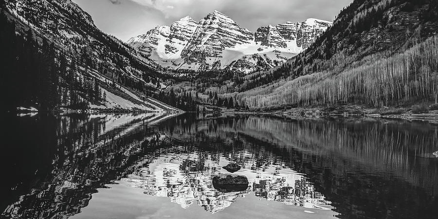 Colorado Rockies Photograph - Panoramic Mountain Landscape of the Maroon Bells - Monochrome Edition by Gregory Ballos