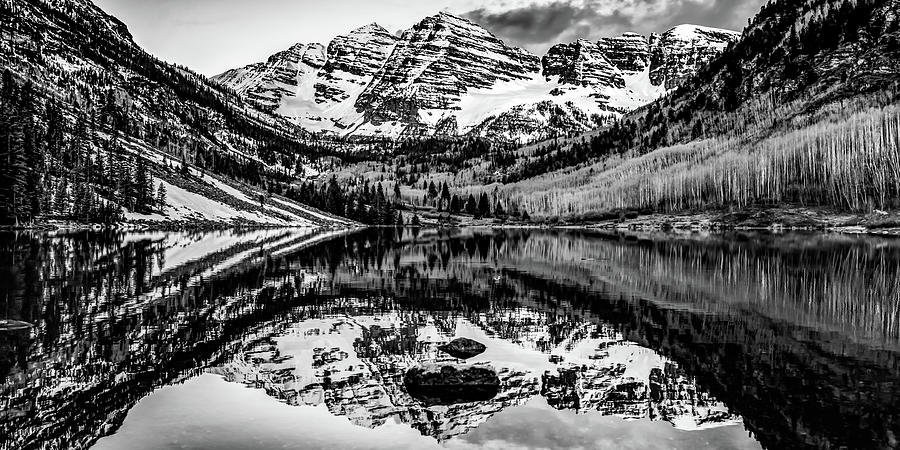 Panoramic Reflections of the Maroon Bells Mountain Peaks - Monochrome Photograph by Gregory Ballos