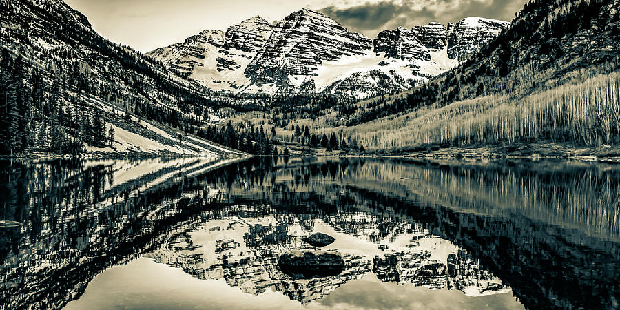 Mountain Peaks Photograph - Panoramic Reflections of the Maroon Bells Mountain Peaks - Sepia by Gregory Ballos
