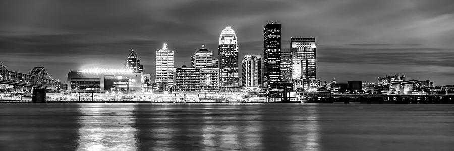 Black And White Photograph - Panoramic Skyline of Louisville Kentucky at Dusk - Monochrome by Gregory Ballos