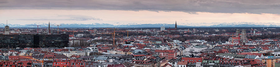 Panoramic Skyline Of Munich City With Snowy Alps In The Background At Sunset Photograph by Bastian Linder