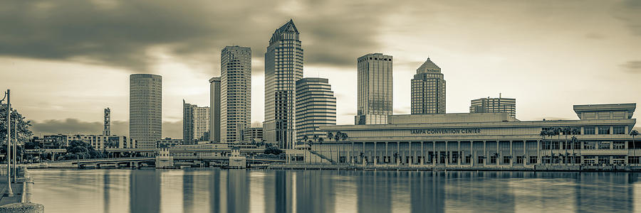 Tampa Skyline Photograph - Panoramic Tampa Bay Florida Skyline In Sepia by Gregory Ballos