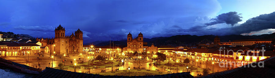 City Photograph - Panoramic View of Plaza de Armas at Twilight Cusco Peru by James Brunker