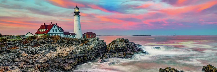 Portland Head Light Photograph - Panoramic View of Portland Head Light at Sunset by Gregory Ballos