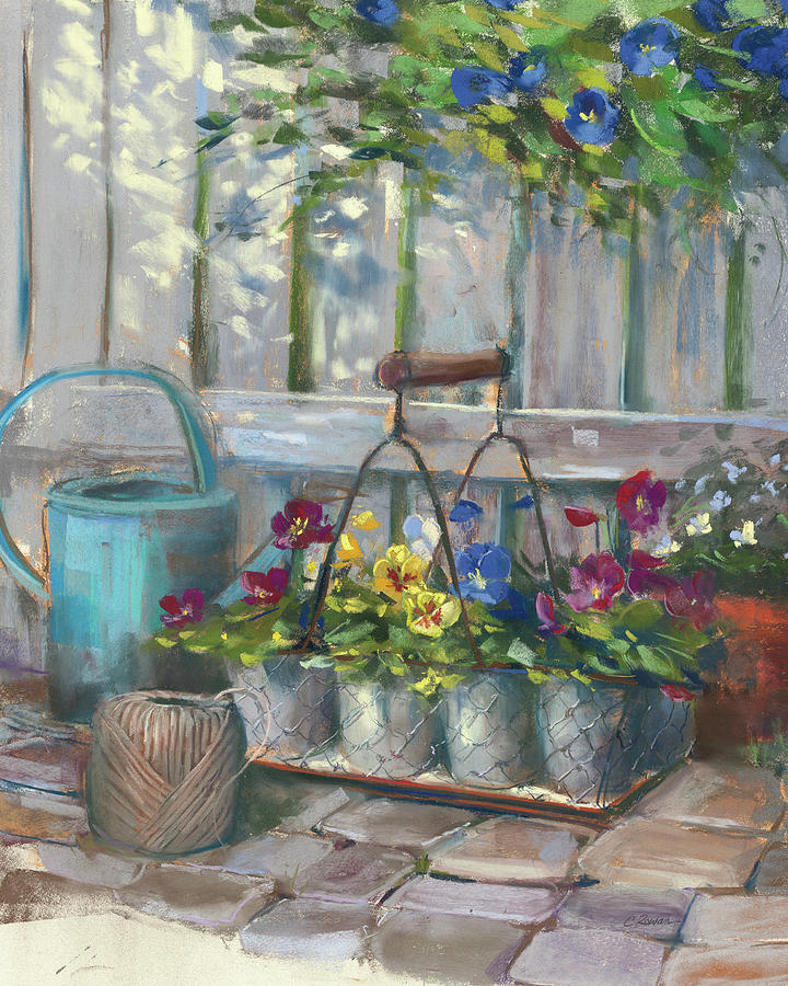 Flower Painting - Pansies In Wire Basket by Carol Rowan