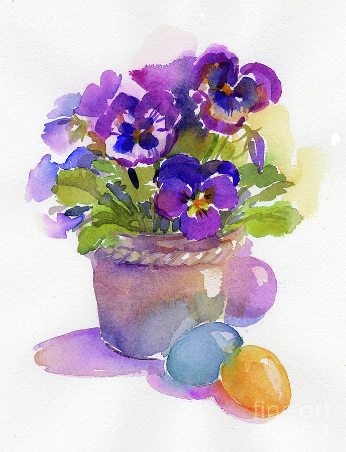 Pansies With Easter Eggs, 2014 Watercolor Painting by John Keeling