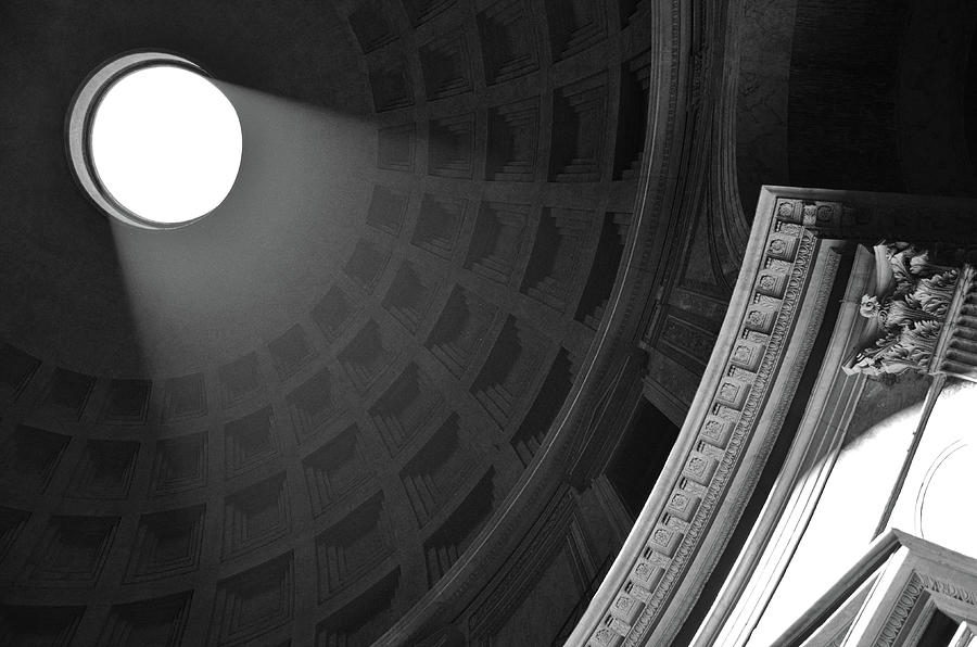 Pantheon Dome Oculus Light Plume and Coffered Ceiling Rome Italy Black and White Photograph by Shawn OBrien