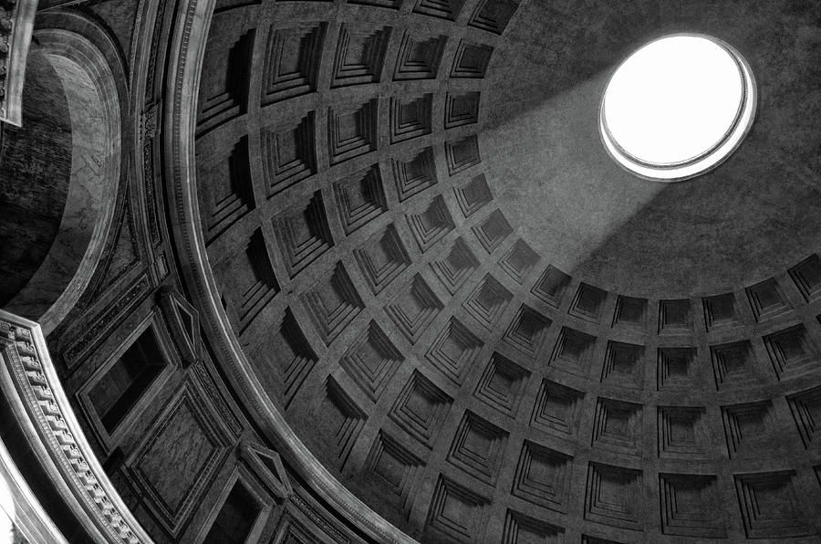 Pantheon Interior Dome Oculus and Light Stream Rome Italy Black and White Photograph by Shawn OBrien