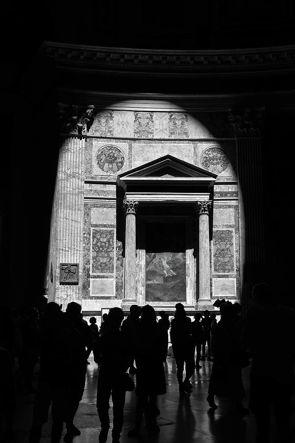 Pantheon Oculus Light Illumination over Silhouetted Tourist Crowd Rome Italy Black and White Photograph by Shawn OBrien