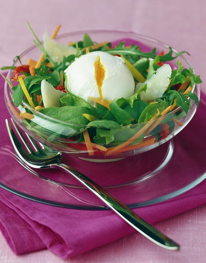 Paoched Egg And Thiny Sliced Vegetable Salad Photograph by Nurra