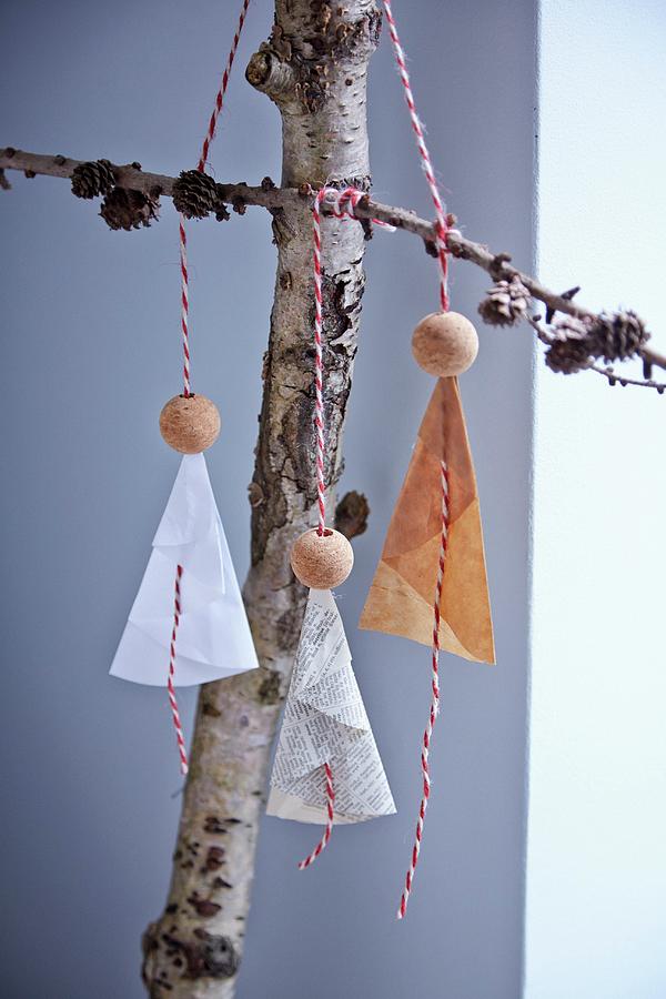 Paper And Bead Angels Hung From Branches On Bakers Twine Photograph by Martin Slyst