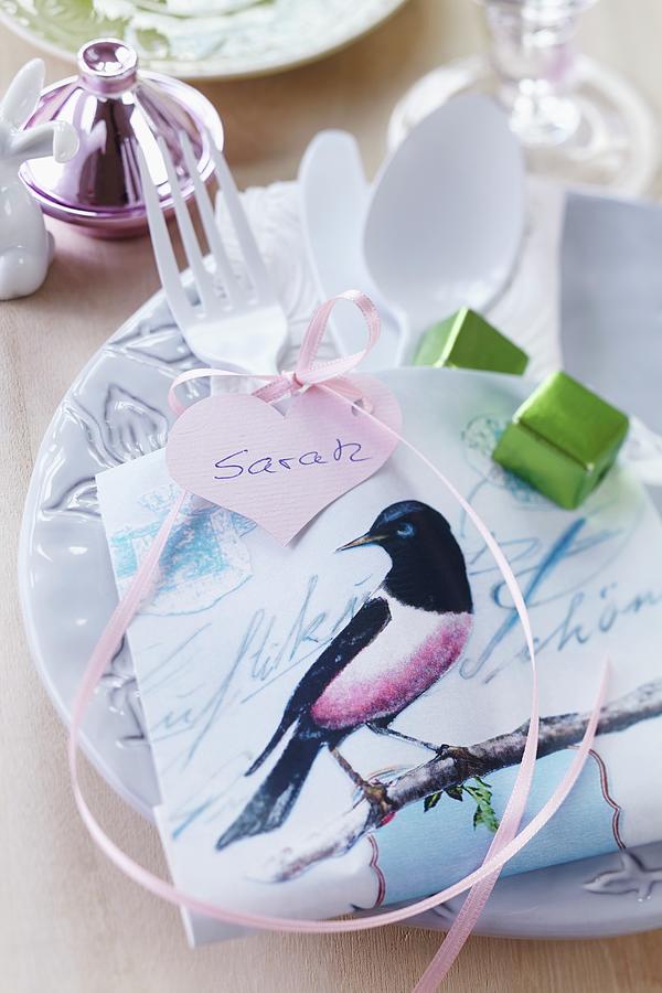 Paper Bag With Bird Motif Used As Cutlery Holder Photograph by Franziska Taube