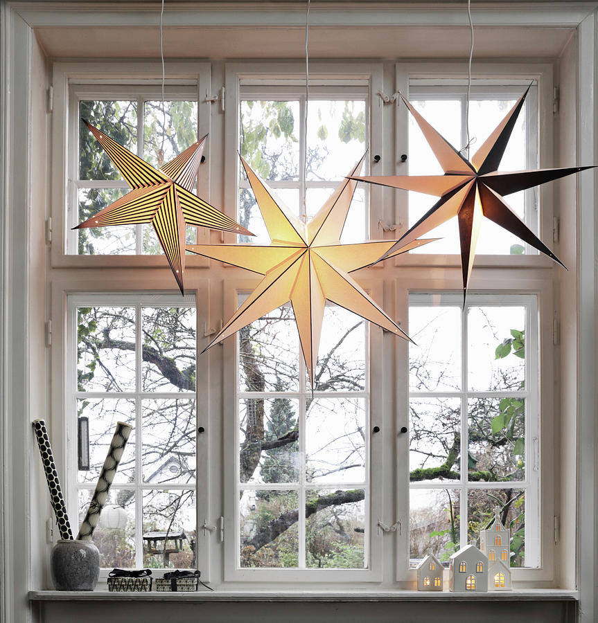 Paper Christmas Stars In Window Photograph by Lykke Foged & Morten Holtum