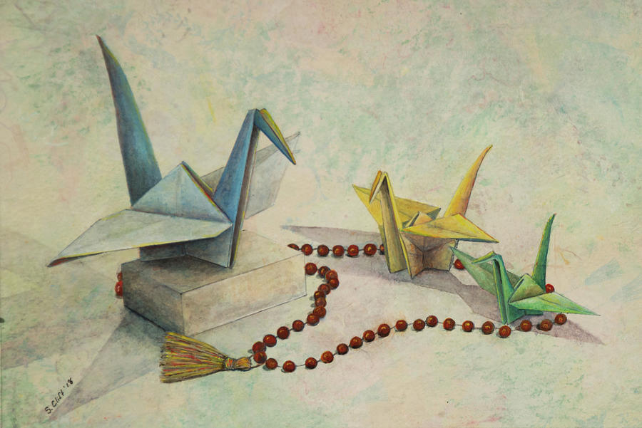 Paper Cranes and Mala Beads Mixed Media by Sandy Clift