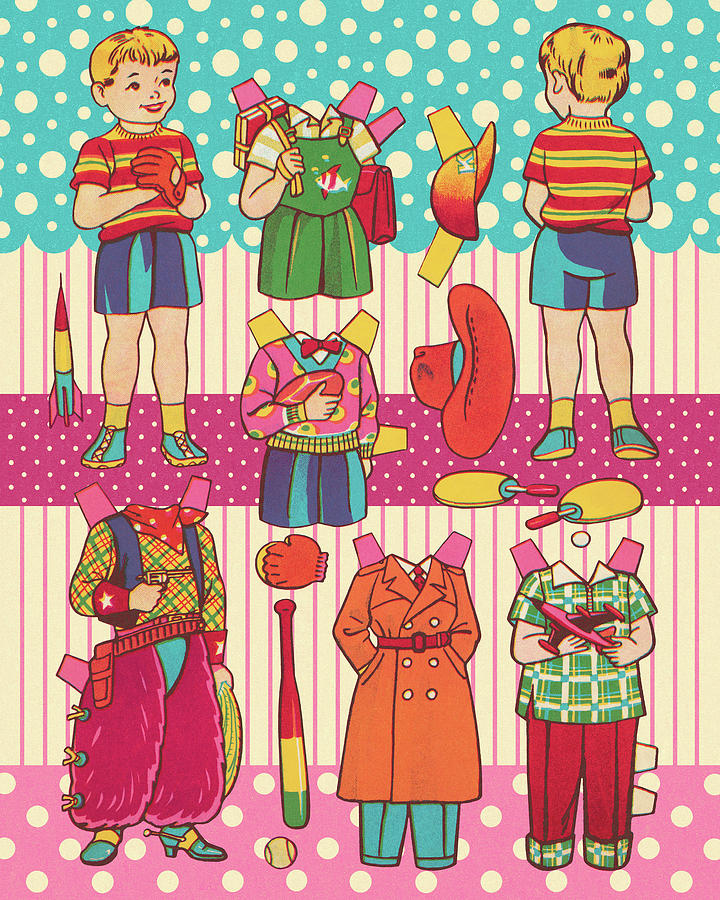 Vintage Drawing - Paper Doll Boy and Various Outfits by CSA Images
