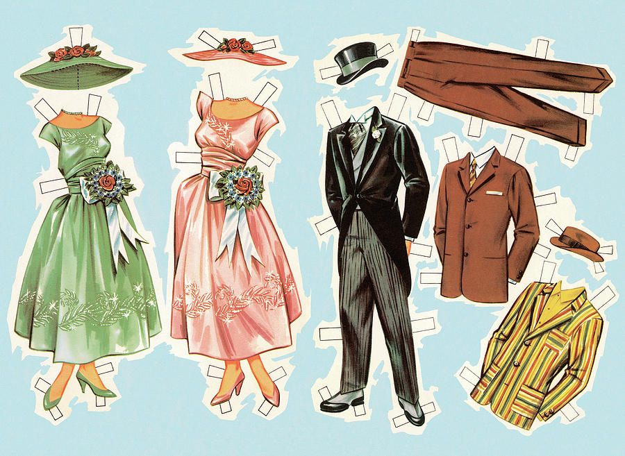 Vintage Drawing - Paper Doll Clothes by CSA Images