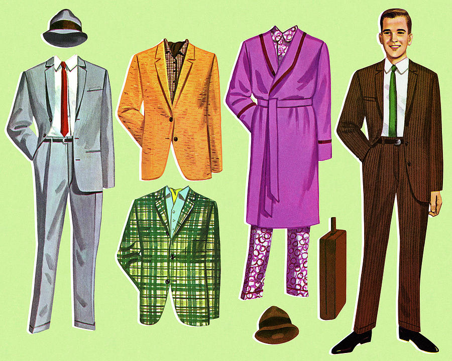Vintage Drawing - Paper Doll Man and Outfits by CSA Images