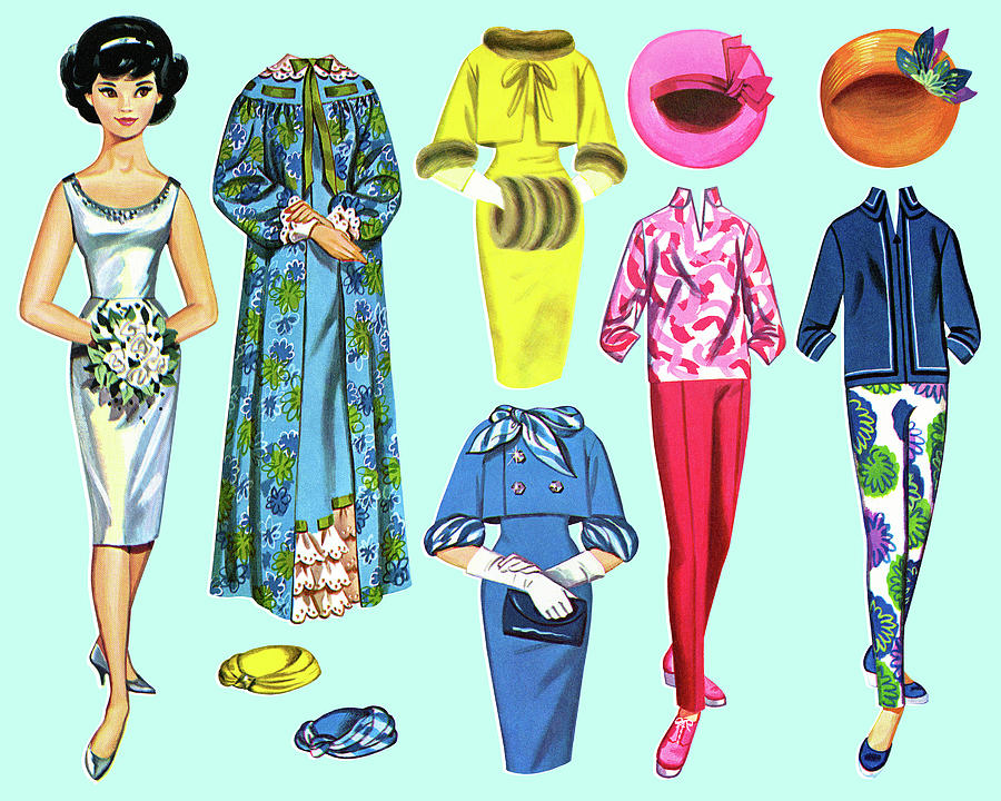 Vintage Drawing - Paper Doll Woman and Outfits by CSA Images