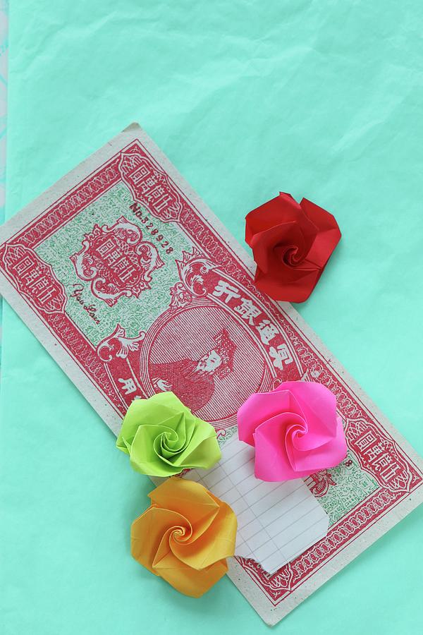 Paper Roses On Oriental Banknote Photograph by Regina Hippel