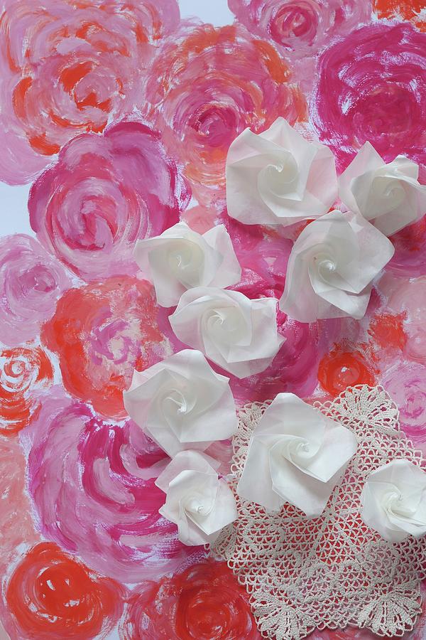 Paper Roses On Painted Sea Of Flowers Photograph by Regina Hippel