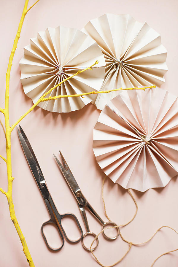 Paper Rosettes, Scissors And Yellow-painted Twig On Pink Surface Photograph by Alicja Koll