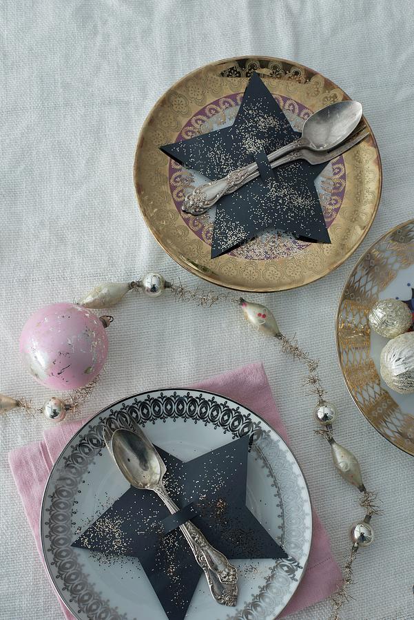 Paper Star-shaped Cutlery Holder On Plate With Vintage Decorations Photograph by Patsy&christian