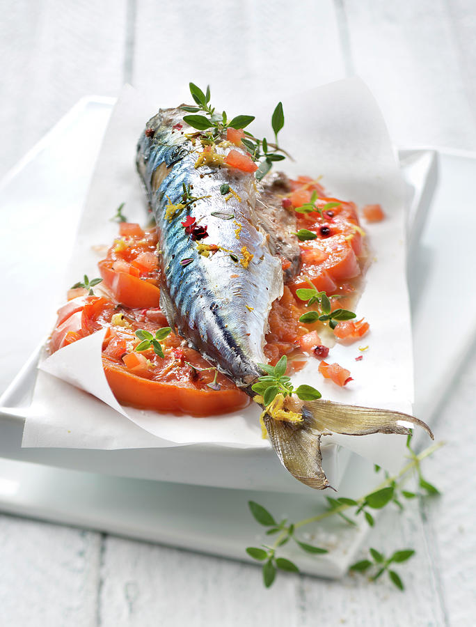 Fish Photograph - Papillote De Maquereau Aux Tomates Et Au Thym Mackerel,tomato And Thyme Cooked In Wax Paper by Studio - Photocuisine