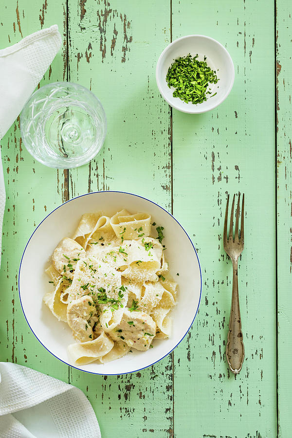 Pappardella With Chicken Alfredo Sauce And Chopped Parsley Photograph by Osmykolorteczy