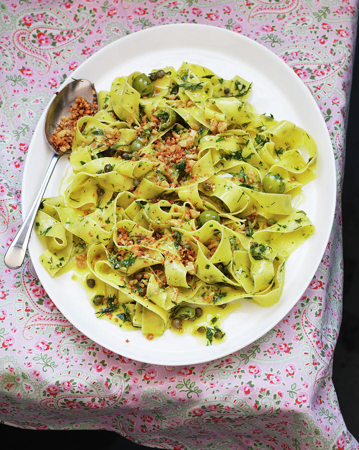 Pappardelle With Herbs, Green Olives, Capers And Pangrattato Photograph by Hugh Johnson