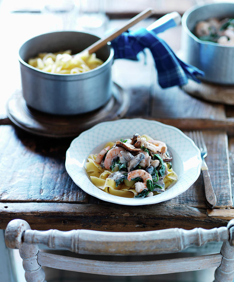 Pappardelle With Spinach, Mushrooms And Shrimps Photograph by Karen Thomas