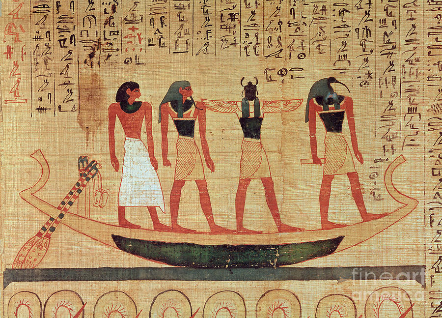 Papyrus Depicting A Man Being Transported On A Barque To The Afterlife By Thoth, Khepri And Another God Drawing by Egyptian School