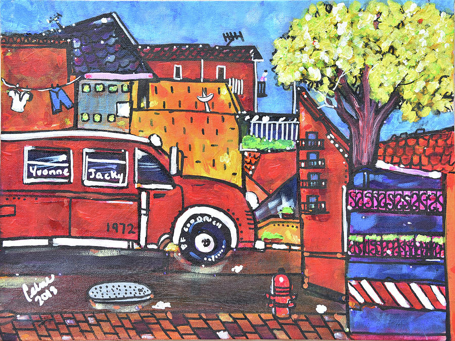 Red Bus Painting - Parada en Chorrillo by Celine Eskenazi