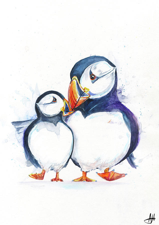 Bird Painting - Parading Puffins (signed) by Marc Allante