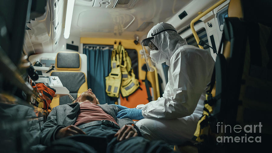 Paramedic In Disposable Coverall Suit Comforting Patient Photograph By   Paramedic In Disposable Coverall Suit Comforting Patient Gorodenkoff Productionsscience Photo Library 