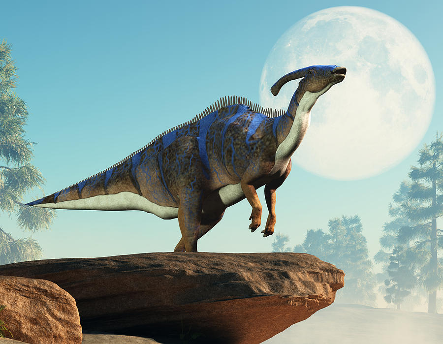Parasaurolophus Howling At The Moon Digital Art