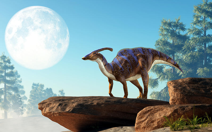 Parasaurolophus on a Rock Under the Moon Digital Art by Daniel Eskridge