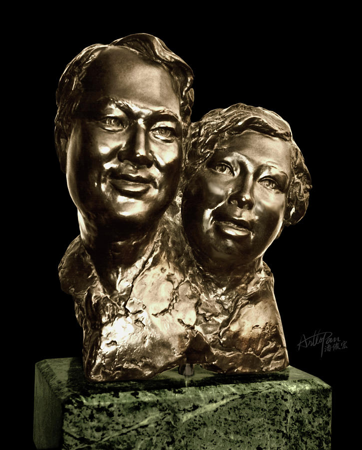 parents couple double head statue-ArtToPan carving- character realistic bronze sculpture Sculpture by Artto Pan