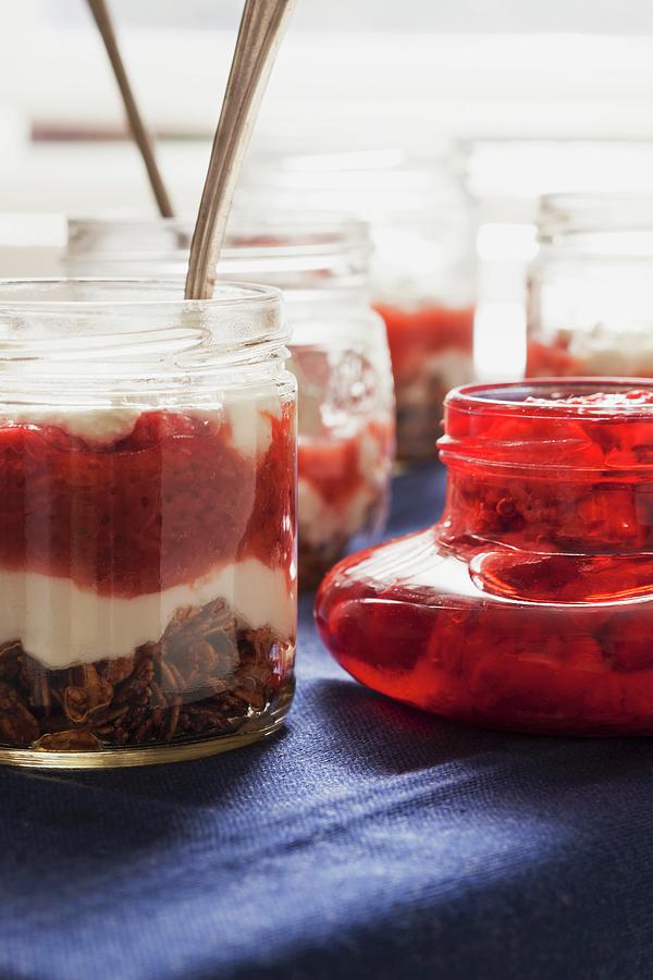 Parfait With Homemade Strawberry Jam And Chocolate Granola In A Jar Photograph by Katharine Pollak