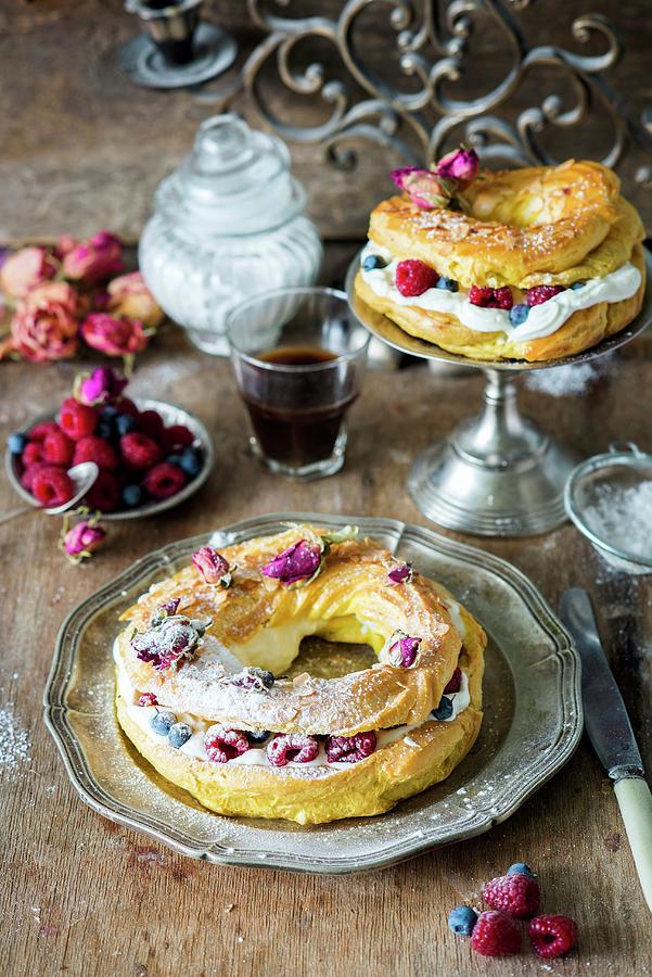 Paris Brest Choux Pastry Cake With Cream And Fresh Berries Photograph by Irina Meliukh
