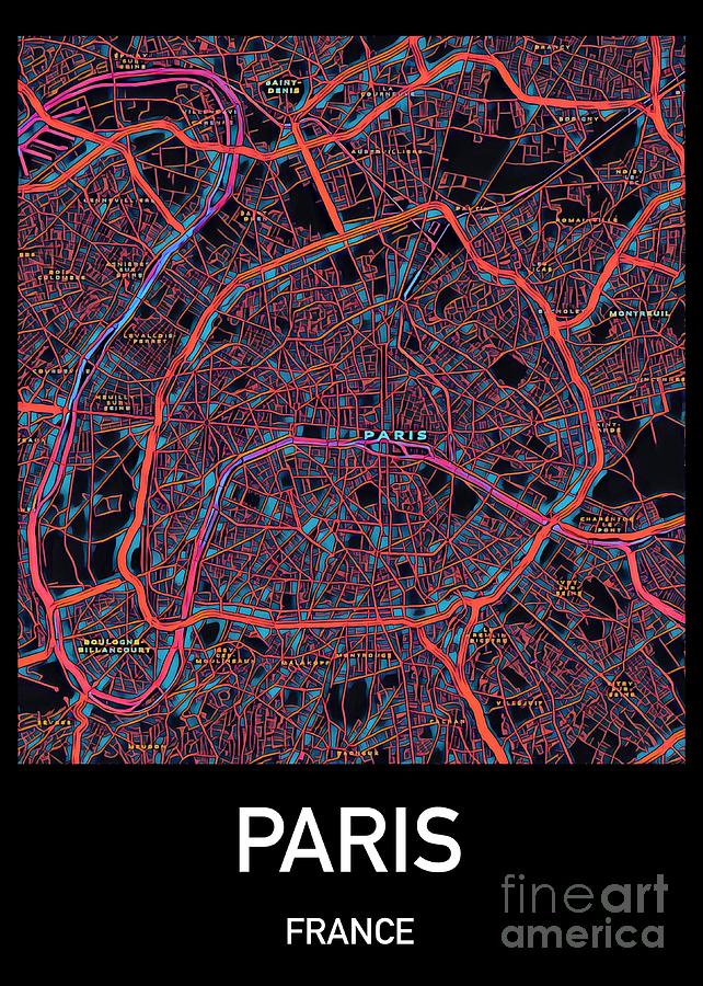 Paris City Map Digital Art by HELGE Art Gallery