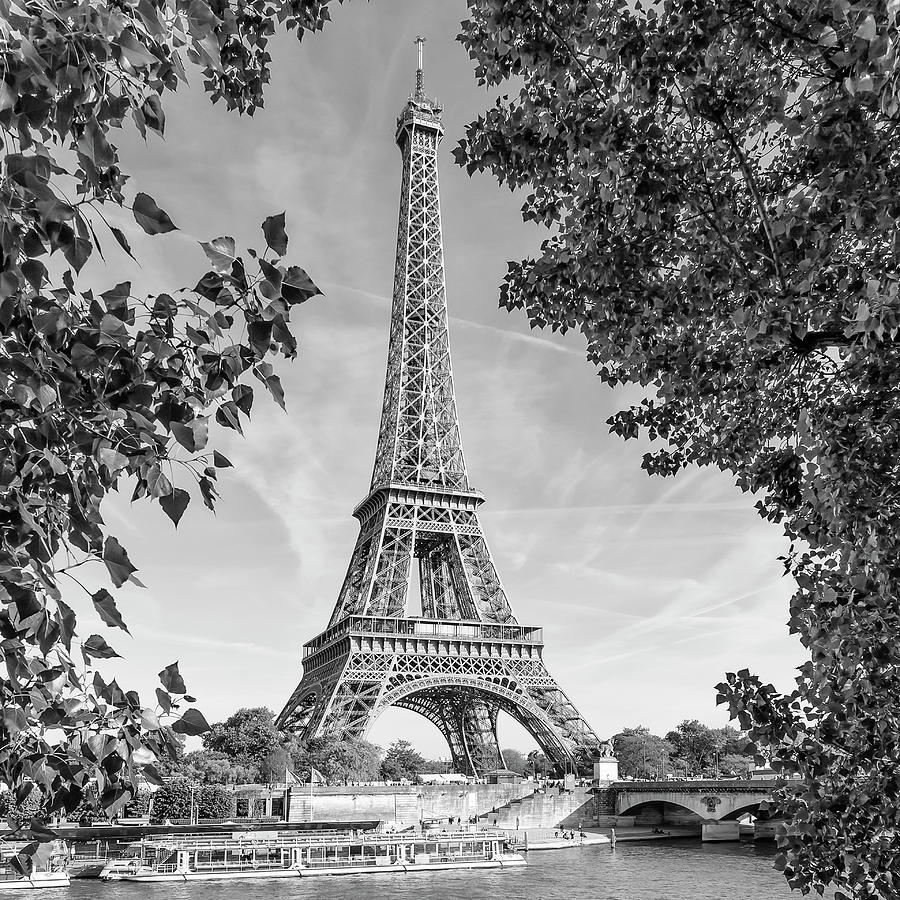 PARIS Eiffel Tower and River Seine - Monochrome Photograph by Melanie Viola