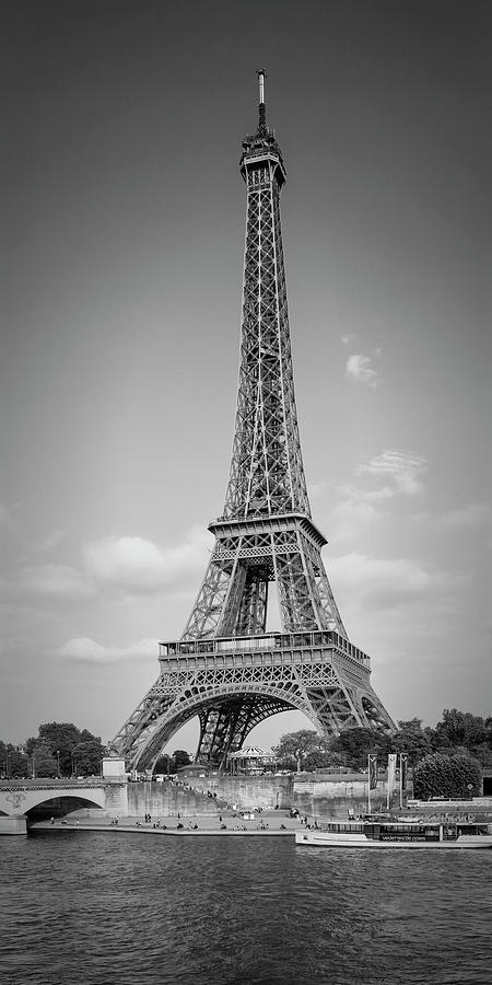 PARIS Eiffel Tower and River Seine Panorama - Monochrome Photograph by Melanie Viola
