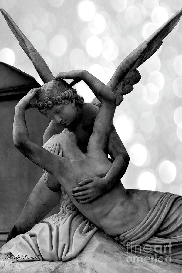 Paris Photograph - Paris Eros Psyche Cemetery Angels - Romantic Eros and Psyche Paris Angels Cemetery Black White Decor by Kathy Fornal